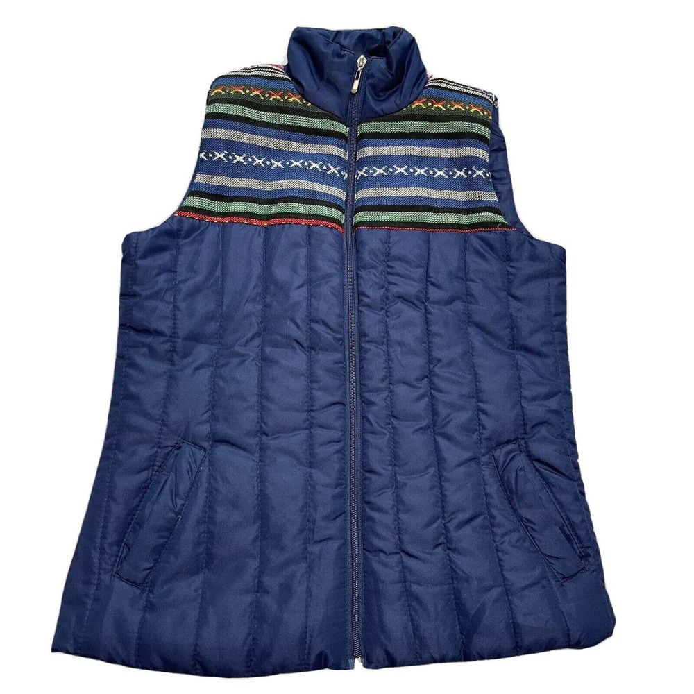 Fresh Blue Navy Vest Aztec Southwestern Design Puffer Zip Up Vintage